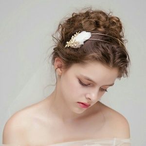 Bridal Headband with Pearls, Feathers, Branches